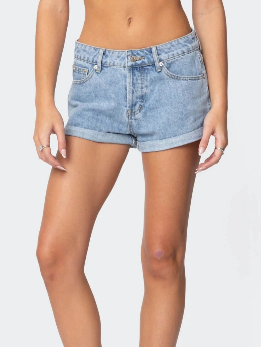 Edikted Low Rise Light Wash Denim Jean Shorts - Picture 4 of 8